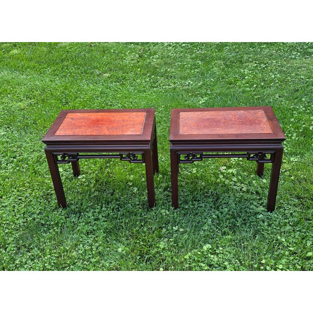 Chinese Padauk and Burl Panel Side Tables, Pair, Labeled j.l. George & Co., Hong Kong For Sale - Image 13 of 14
