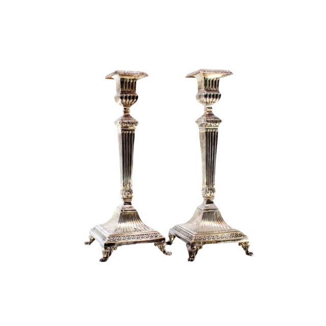 Silver Candlesticks with Fluted Friezes, Square Shafts and Raised Feet, Set of 2 For Sale - Image 10 of 10