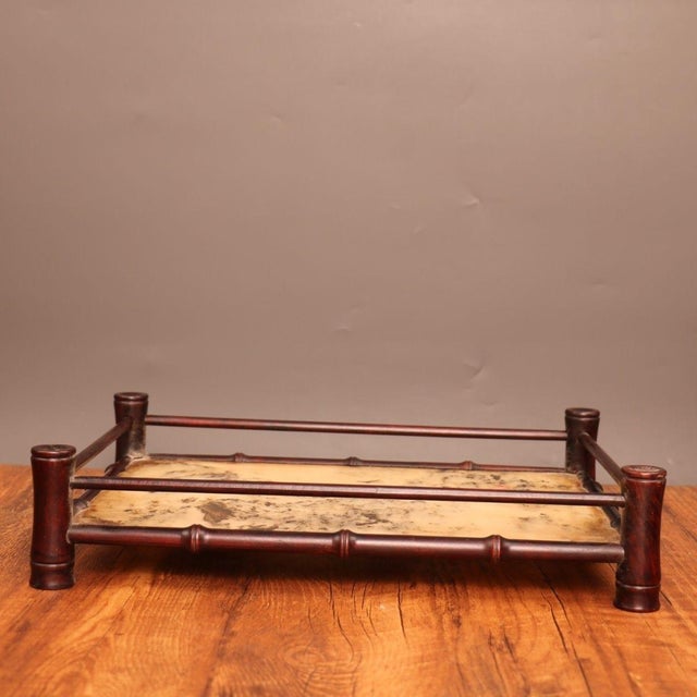 Traditional Vintage Rosewood Bamboo-Form Frame & Marble Landscape Tea Tray For Sale - Image 3 of 9