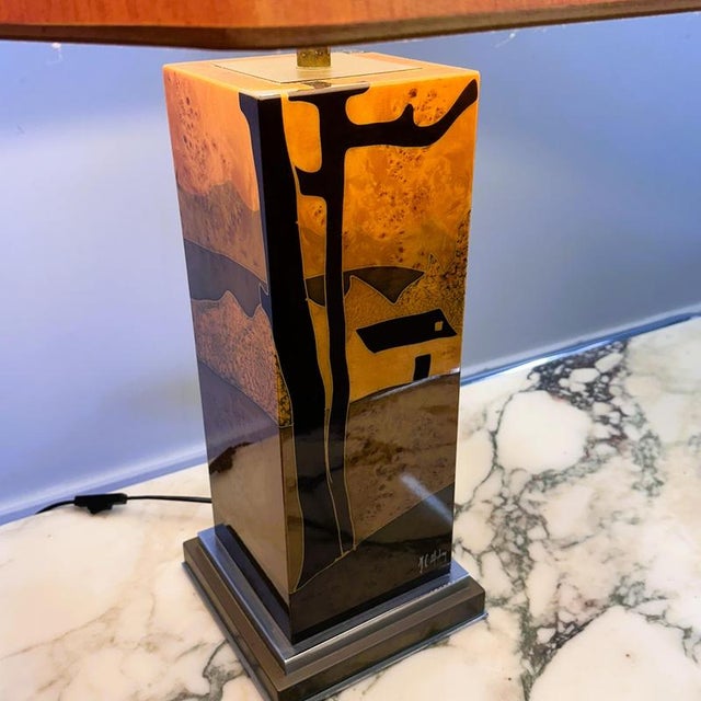 Vintage Table Lamp in Burl Wood with Abstract Inlay by Jean Claude Mahey, 1970s For Sale - Image 5 of 9