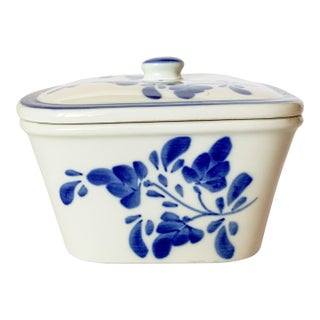 Vintage Hand Painted Blue and White Portuguese Lidded Casserole Dish For Sale