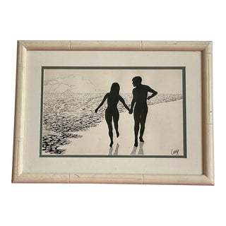 Vintage Silhouette Figurative Scene of Couple on a Beach Ink Drawing, Framed For Sale