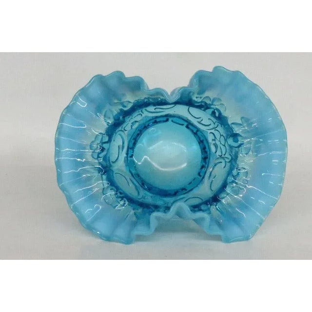 Blue Opalescent Glass Flowers Ruffled Crimped Rim Bowl Vase For Sale - Image 4 of 11