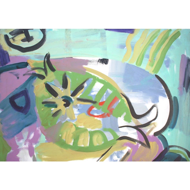 Bright, ocean-like, tropical colors in this abstract with fish by D.S. Silver (American, 20th Century). San Francisco,...