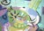 Bright, ocean-like, tropical colors in this abstract with fish by D.S. Silver (American, 20th Century). San Francisco,...