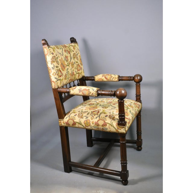 Antique French Transitional Renaissance Revival Upsholstered Armchair in Walnut, 1920s For Sale - Image 3 of 17