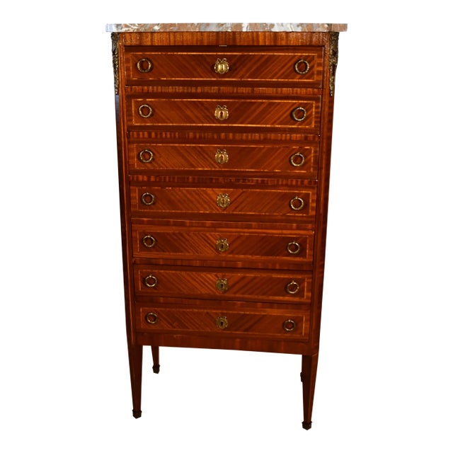1880 Antique French Louis XVI Walnut Marble Top Ladies Lingerie Chest of Drawers For Sale