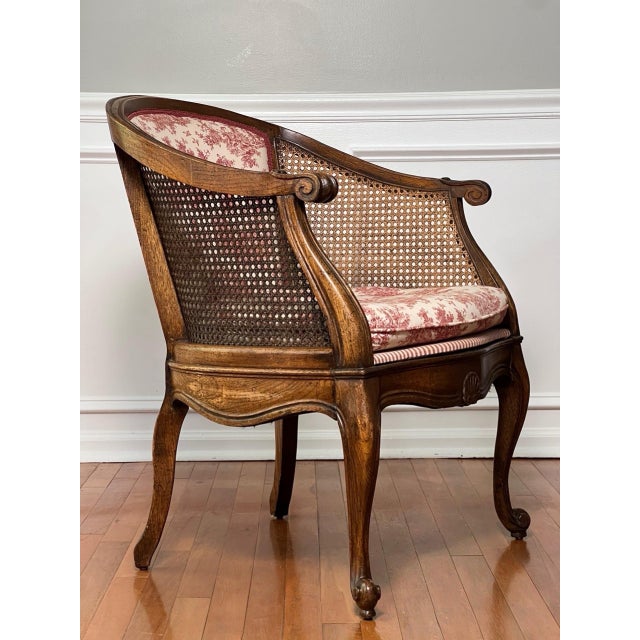 White Pair French Louis XV Style Walnut and Cane Barrel Back Bergere Chairs in Toile, 20th C. For Sale - Image 8 of 13