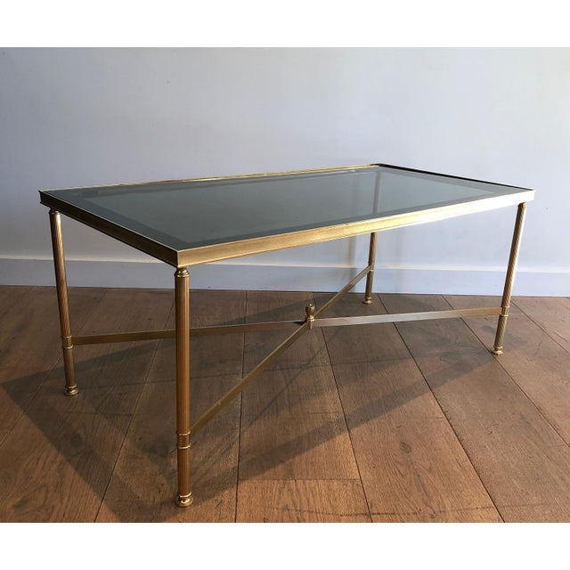 Neoclassical 1940s Neoclassical style gold metal coffee table with blueish glass top For Sale - Image 3 of 12