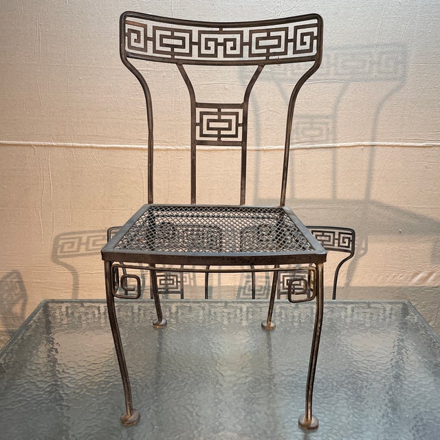Hollywood Regency 1940s Salterini Greek Key Wrought Iron Patio Table & 6 Chairs, Attributed For Sale - Image 3 of 11