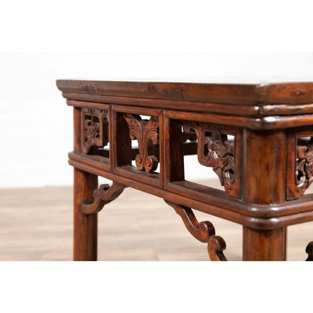 Chinese Antique Side Table with Open Fretwork Design and Dark Wood Patina For Sale - Image 9 of 13