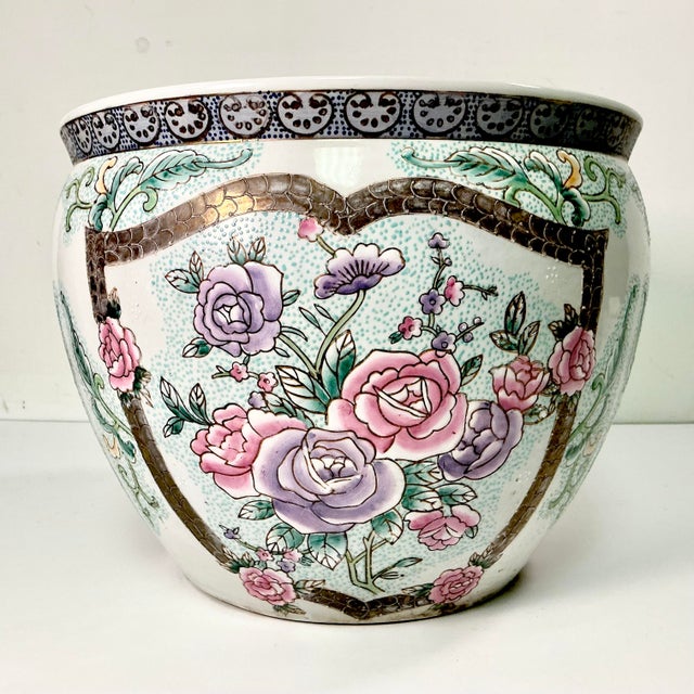 Vintage Chinoiserie Boho Chic Hollywood Regency Pink Famille Rose Koi Fish Bowl Planter. For Sale - Image 10 of 13