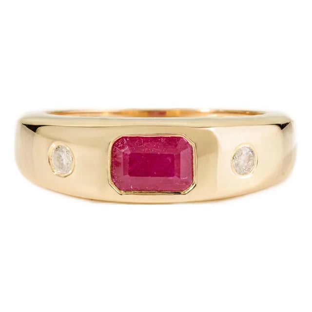 Modernist Chunky Ruby Ring With Round Diamonds in 14k Solid Gold Size 7 For Sale