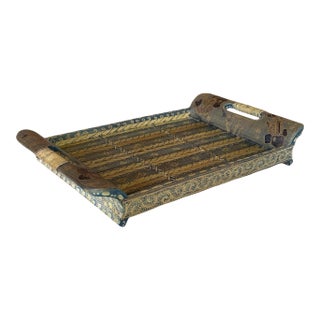 Vintage Hand-Painted Batik Bamboo Tray With Koi & Floral Motifs For Sale