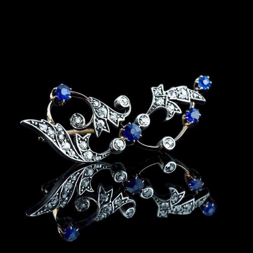Antique Victorian 9 Karat Gold, Sapphire and Diamond Brooch with Foliate Motif, 1880s For Sale - Image 12 of 18