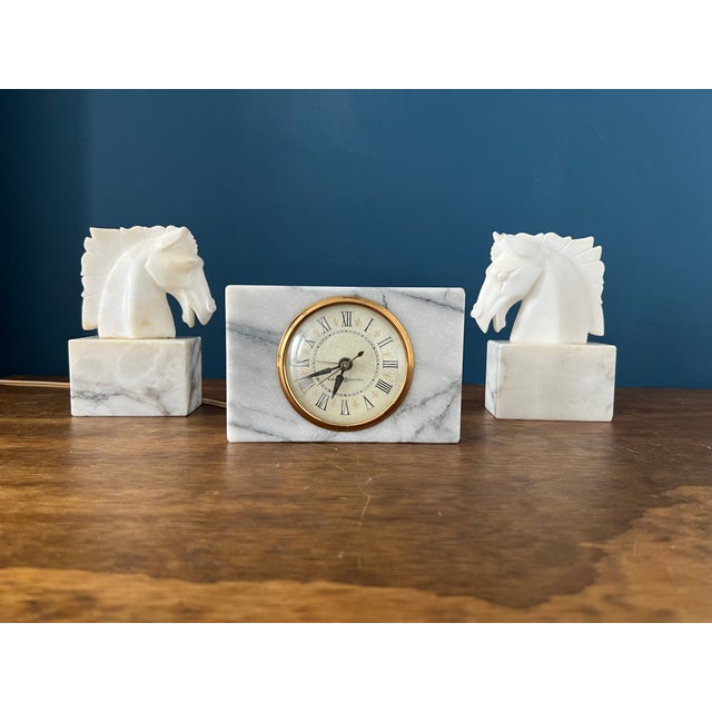 Mid-Century Modern Vintage Marble Desk Clock and Horse Head Bookends Set For Sale - Image 3 of 18