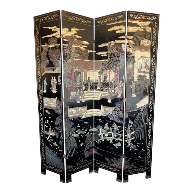 Monumental Vintage Asian Coromandel 4-Panel Floor Screen With Incised Painted Details For Sale