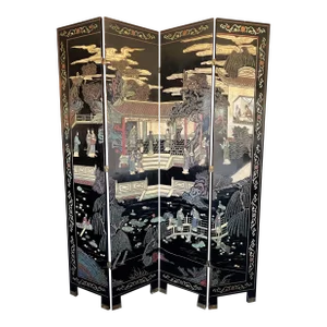 Monumental Vintage Asian Coromandel 4-Panel Floor Screen With Incised Painted Details