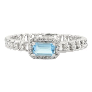 Baguette Cut Aquamarine Halo Diamond 14k Gold Wedding Band Ring Size 7 For Sale