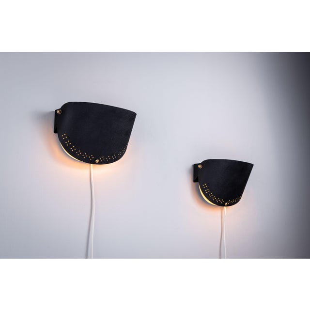 Matte Black Wall Lamps with Perforated Shades and Brass Details, Set of 2 For Sale - Image 4 of 16