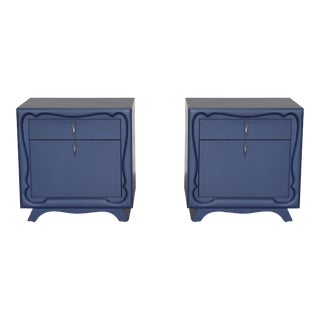 Mid Century Pair of Blue Walnut Nightstands For Sale