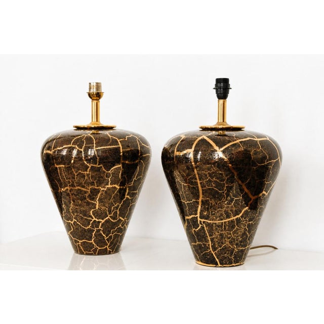 Mid-Century Modern Baluster Shaped Table Lamps in Glazed Black and Gold Ceramic, Set of 2 For Sale - Image 3 of 18