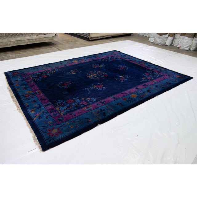 Art Deco 1920s Navy Blue Antique Chinese Art Deco Handmade Wool Rug With Floral Design For Sale - Image 3 of 15