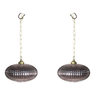 Mid-Century Modern Pale Amethyst Ribbed Glass Pendant Lights - a Pair For Sale
