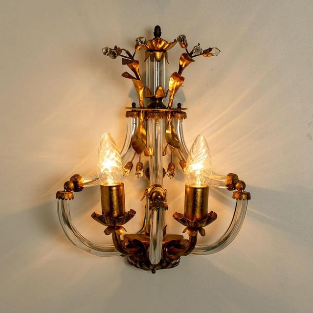 Crystal Glass & Gilt Brass Wall Lights attributed to Palwa, 1960s, Set of 2 For Sale - Image 12 of 15
