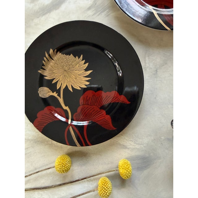 Art Deco Fitz and Floyd Black Floral Salad Plates 1979 Vintage Porcelain 7.5 Inch - Set of 4 For Sale - Image 3 of 11