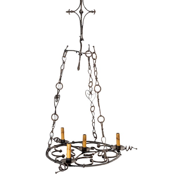 Early 20th Century Flat Base Wrought Iron Chandelier For Sale