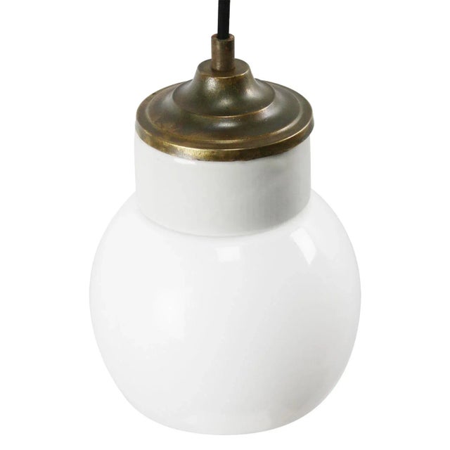 Metal Vintage Industrial White Porcelain Opaline Glass Brass Pendant Light For Sale - Image 7 of 8