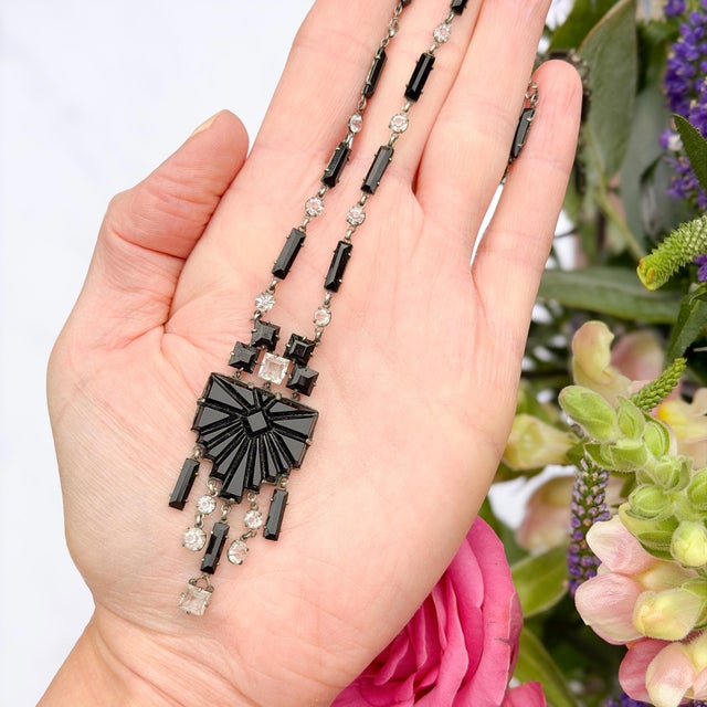 Czechoslovakian Art Deco Black Glass and Crystal Geometric Pendant Necklace, 1920s For Sale - Image 3 of 11