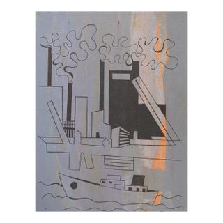 Vintage Mid Century Abstract Purple Orange Industrial Ship Channel Serigraph For Sale