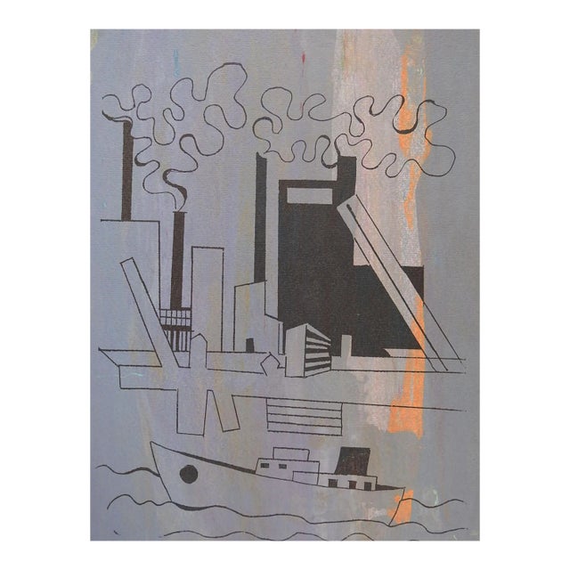 Vintage Mid Century Abstract Purple Orange Industrial Ship Channel Serigraph For Sale