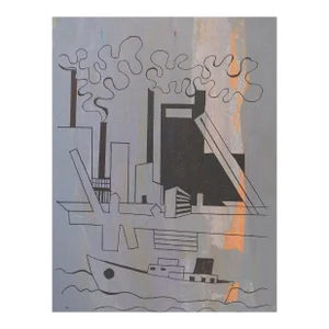 Vintage Mid Century Abstract Purple Orange Industrial Ship Channel Serigraph