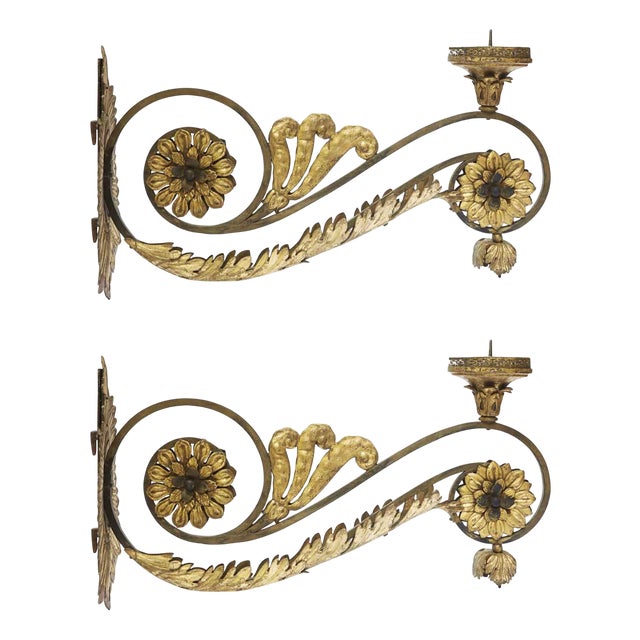 Large Gilded Candle Sconces with Flowers and Scrolls, 1700s, Set of 2 For Sale