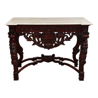 1990s Victorian Hand Carved Wood and Limestone Console Table For Sale