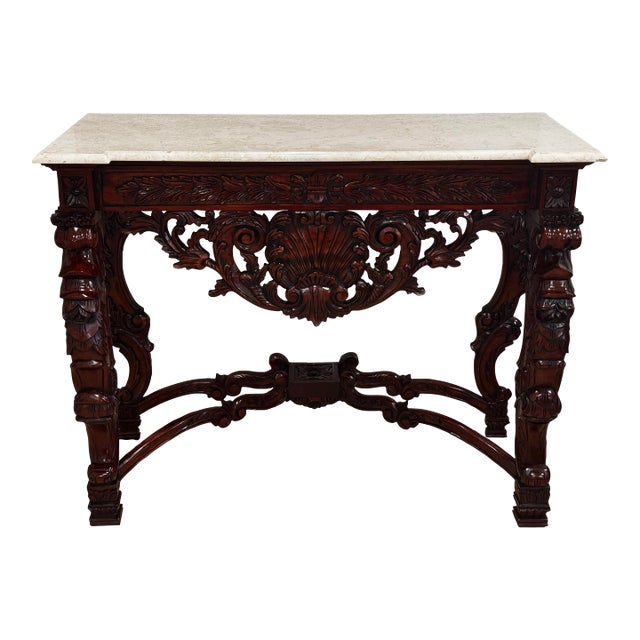 1990s Victorian Hand Carved Wood and Limestone Console Table For Sale