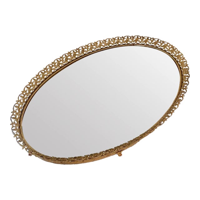 Vintage French Ormolu Ornate Mirrored Vanity Tray For Sale