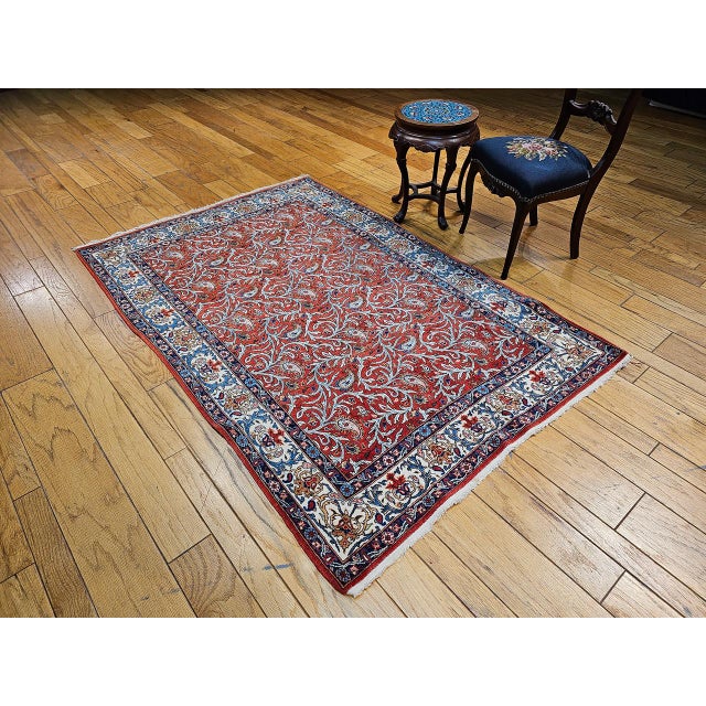 Vintage Persian Qum Area Rug, Hand-Knotted Wool, Allover Paisley & Vine Pattern, 5x7, Red & Ivory For Sale - Image 4 of 18