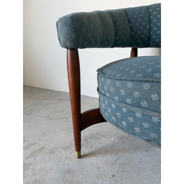 1960s Mid-Century Modern Floating Barrel Lounge Chair in Teal Upholstery With Walnut Frame & Brass Sabots For Sale - Image 10 of 12