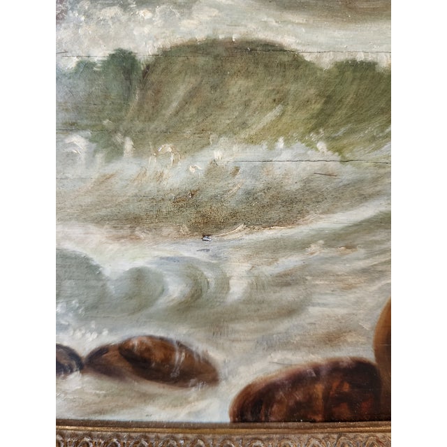 19th Century Dramatic Seascape Painting in Antique Arts & Crafts Pyrography Frame For Sale - Image 17 of 18