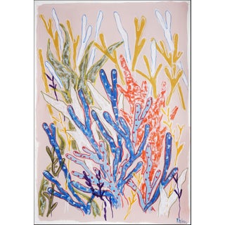 2025, Vertical Seascape of Blue Coral Forest, Illustration Style Painting, Gouache Crayon on Watercolor Paper by Romina Milano, Framed For Sale