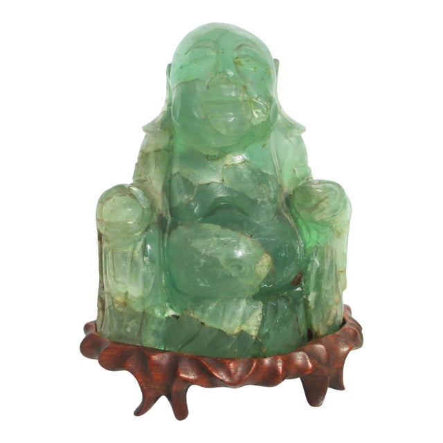 Vintage Chinese Fluorite Hotei Buddha on Wooden Stand For Sale