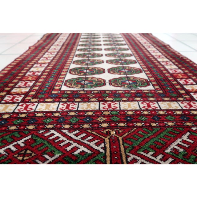 Handmade Vintage Uzbek Bukhara Rug – 1960s Wool Rug – 2.5' x 4.2' – Red, Green, White Exquisite Vintage Craftsmanship –...