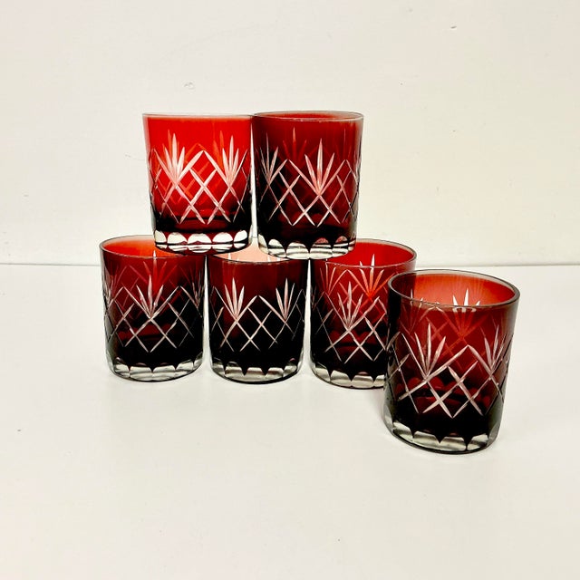 Mid 20th Century Mid 20th Century Boho Chic Czechoslovakian Clear Cut to Ruby Etched Crystal Lowballs - Set of 6 For Sale - Image 5 of 10