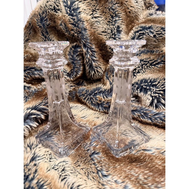 Glass Vintage Clear Candlesticks With Etched Flowers - A Pair For Sale - Image 7 of 11
