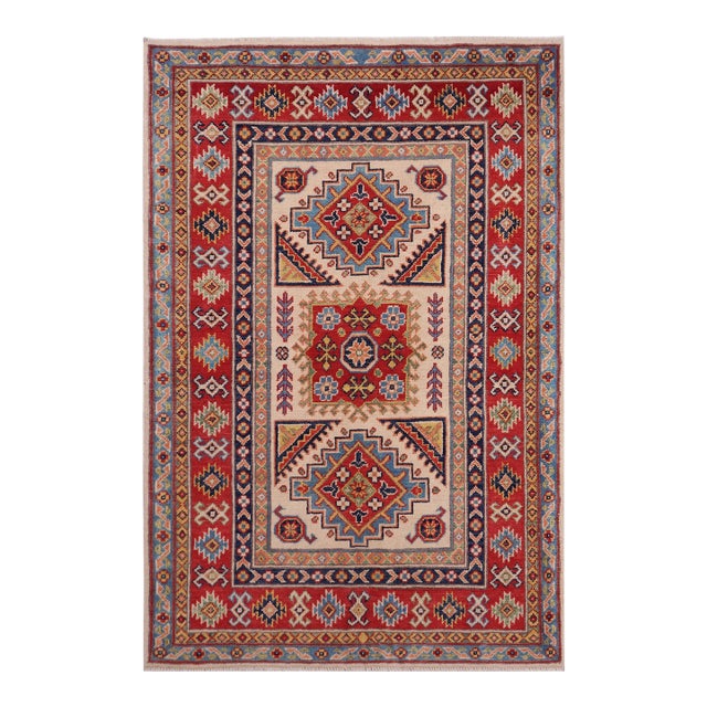 Southwestern Kazak Beige/Red Wool Rug - 3'5''x5'1'' For Sale