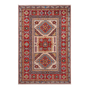 Southwestern Kazak Beige/Red Wool Rug - 3'5''x5'1''